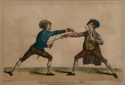 Four Hand-Colored Fencing Prints from "L'Ecole des Armes" (1763) Handsomely Framed
