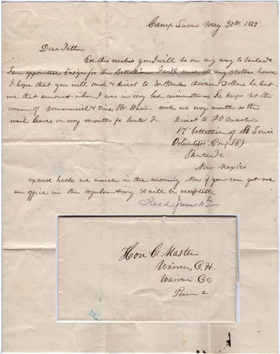 One-page Mexican-American War letter from a newly appointed ensign in the Missouri Volunteers as his unit prepared to depart Camp Lucas in Missouri on the Great Platte River Road in route to establishing Fort Kearny for protection of the Oregon Trail