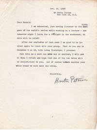 TYPED LETTER TO HAROLD RUGG OF COLUMBIA UNIVERSITY&#039;S TEACHERS COLLEGE SIGNED BY RUTGERS UNIVERSITY PROFESSOR HOUSTON PETERSON. de Peterson, Houston. (1897-1981). Professor at Rutgers University who specialized in the philosophy of literature - 1948.