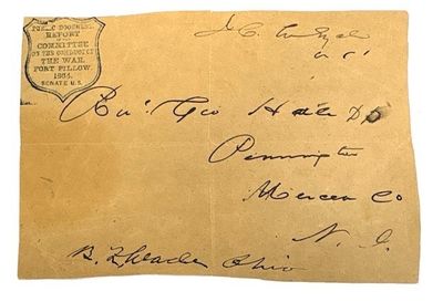 Center portion of front side of envelope with badge-shaped blue stamp in upper left corner ("Public Document. Report of the Committee on the Conduct of the War. Fort Pillow. 1864. Senate U.S. "). Addressed to Rev. Geo Hale DD Pennington Mercer Co. N. J B. (?) Ohio. Faint vertical crease in center. Hale, 1812-1888,, who graduated from Williams College in 1831 and later from Princeton Theological Seminary