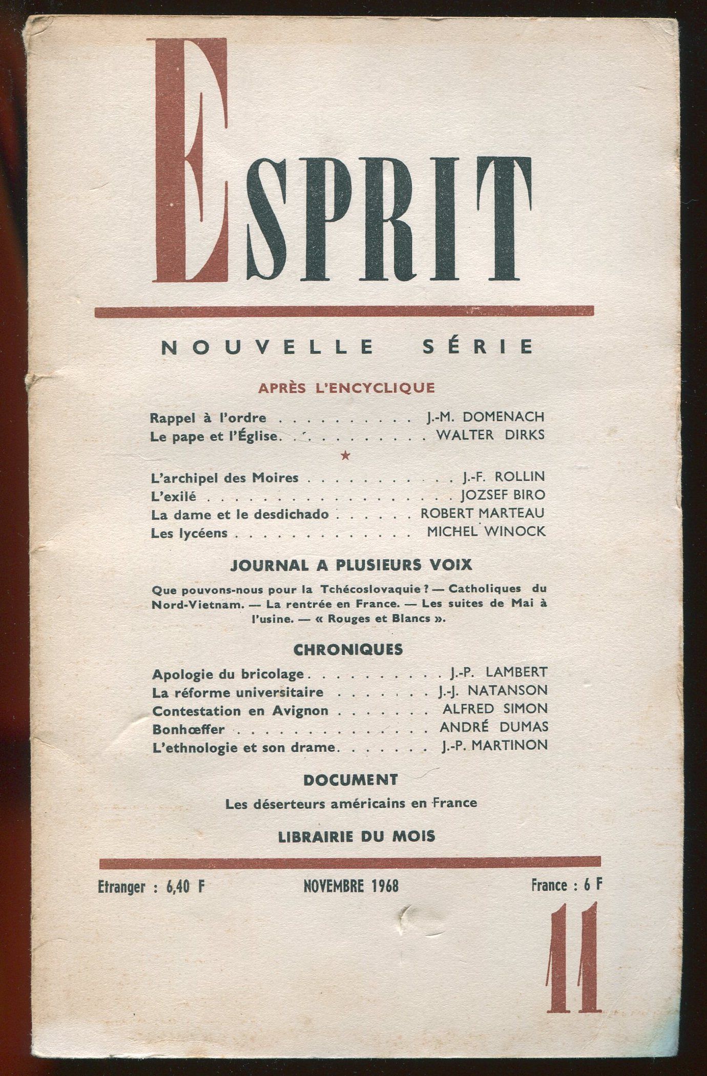 Esprit Nouvelle Serie N 375 Novembre 1968 Apres L Encyclique By J P Martinon Andre Dumas 1968 From Lalettre2 Sku