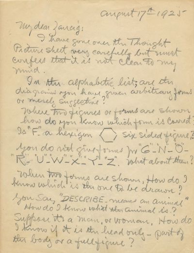 Correspondence about Mind Reading between Houdini and mentalist Julius Zancig with illustration, unsigned by Houdini: 1- Zancig Typed Letter unsigned, to Houdini on "Zancig Studio" stationery explaining the mind reading trick "How to Thought Picture"; with envelope addressed to Houdini, postmarked Asbury Park, NJ., August 8, 1925. Zancig wrote "Private" on verso of this letter. 2- A handwritten letter written for Houdini, possibly by his secretary Julie Sawyer, signed for him to mentalist Julius Zancig, in pencil, three separate 4to pages, August 17,1925; Julie Sawyer was the niece of Houdini's wife Bess. 3- Typed Letter unsigned, 2 pp, to Zancig with a hexagram diagram Houdini likely drew, in ink, Aug. 21, 1925