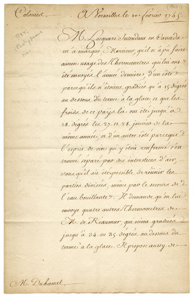 , February 10, 1745.. pp. on a folded sheet. In French. Previously folded. Two small holes along fol...