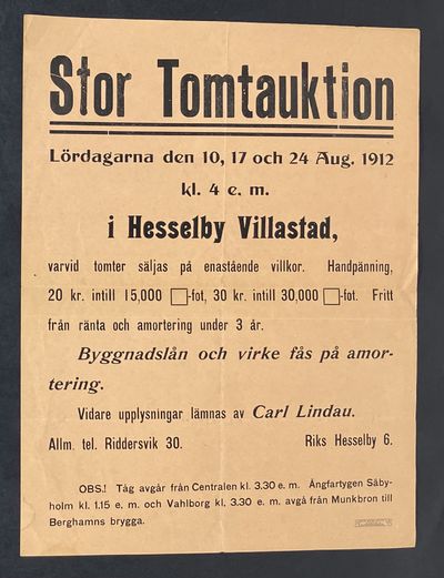 [Hässelby villastad] Stor tomtauktion. Lördagarna…