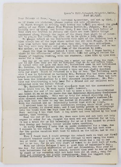 [Typed Letter, Signed, from Kate M. French, an American Baptist Missionary Working in India]