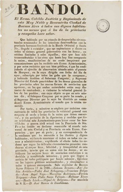 BANDO. EL EXMO. CABILDO JUSTICIA Y REGIMINETO DE EST MUY NOBLE Y BENEMÉRITA CIUDAD DE BUENOS AIRES A TODOS SUS DIGNOS HABITANTES NO MENOS QUE A LOS DE LA PROVINCIA Y COMPAÑA HAVE SABER [caption title].