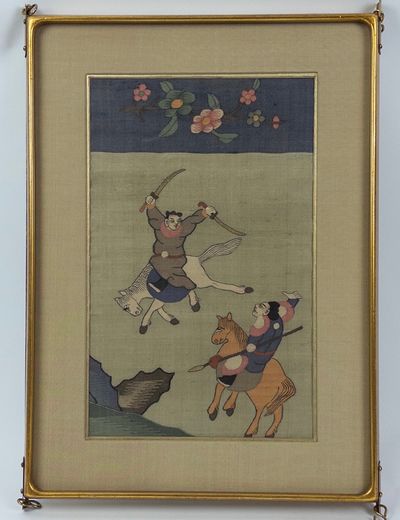19th-CENTURY CHINESE EMBROIDERED SILK DEPICTING MOUNTED WARRIORS