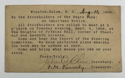 [Postcard Announcing a Stockholders Meeting for a Proposed African-American Bank in Winston-Salem]
