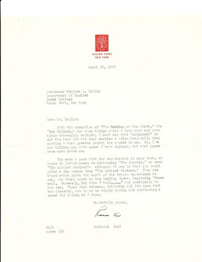 Typed Letter Signed, on his "Ausable Forks" imprinted stationery, 4to, Ausable Forks, NY. March 20, 1949