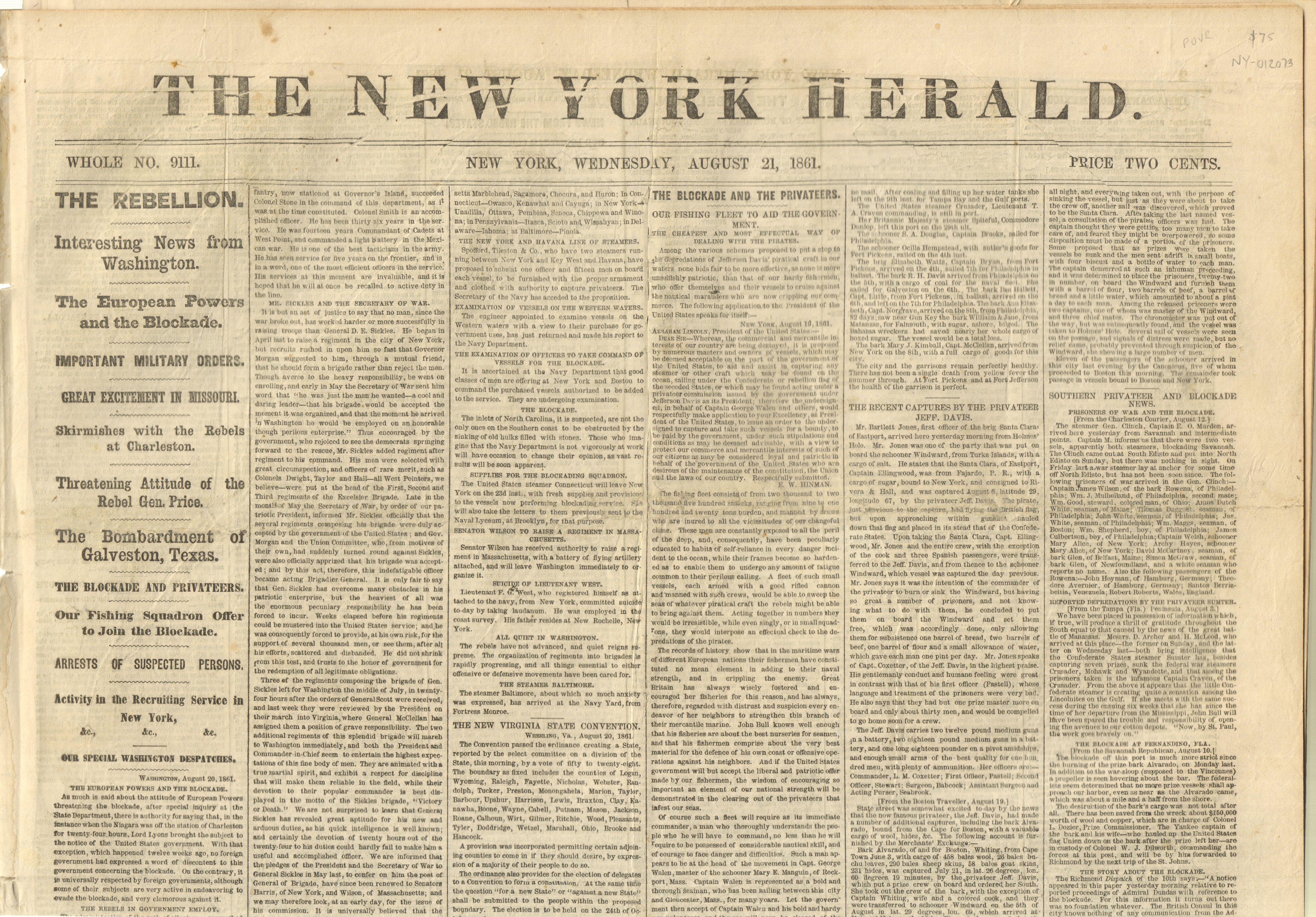 New York Herald Newspaper, August 21, 1861 by James Gordon
