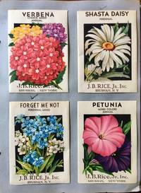 Vegetable & flower seeds from J.B. Rice, Jr., Inc. [Salesman sample flower seeds display packet catalogue featuring two silver gelatin photographs of the display rack, and 72 colour litho printed sample seed packets, all with their seeds.]