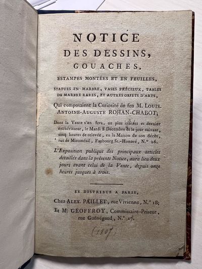 27 pp. 8vo, 20th-cent. cloth-backed marbled boards, title on spine. Paris: Paillet & Geoffroy, . Sca...