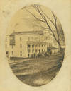 Oval photograph of "Park Hotel", three storey columned clapboard structure, with group of men standing on corner outside, a waiting buckboard and other horses, others on the upper porch of the hotel