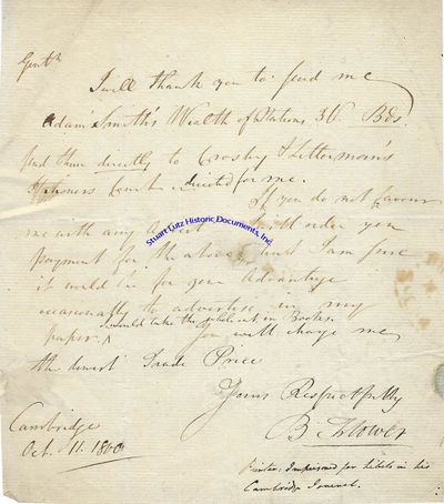 English Radical Journalist And Political Writer Benjamin Flower Writes To Cadell & Davies Publishing Company In Search Of Adam Smiths Wealth Of Nations