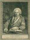 Engraved portrait of Bonnet, pensive, sitting at his desk in his library with his hands on a book. Fine example trimmed to edge of plate. 232 x 175 mm