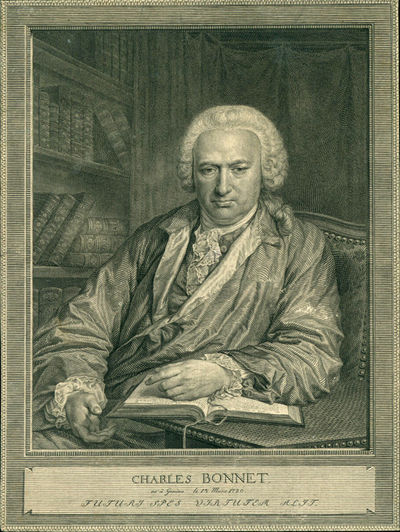 Engraved portrait of Bonnet, pensive, sitting at his desk in his library with his hands on a book. Fine example trimmed to edge of plate. 232 x 175 mm