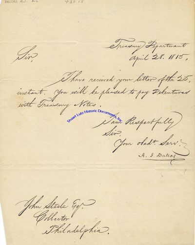 Secretary Of The Treasury Alexander Dallas Writes To Philadelphia Customs Collector On Shift To Treasury Notes In Preparation For Creation Of Second Bank Of The United States