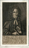 Engraved Portrait. Appears to be an early kind of advertisement. Caption reads, "The Effiges of W. Atkins the Gout Dr. who for Gouts, Rumetisms, Palsey, and Convultions, and all Pains in any parts he exceedeth all men. both for Safest and speediest Cures, as appears by his book.