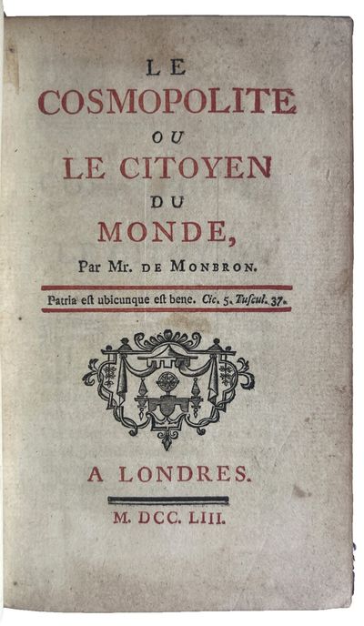 “A Londres” , 1753. 8vo (162 x 98 mm). 165, pp. Title printed in red and black. Type-ornament he...