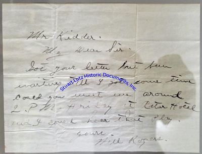 Will Rogers Writes To The Early Movie Director Edward Kidder Who Directed Rogers In A Poor Relation