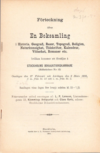 Förteckning öfver en boksamling i Historia,…