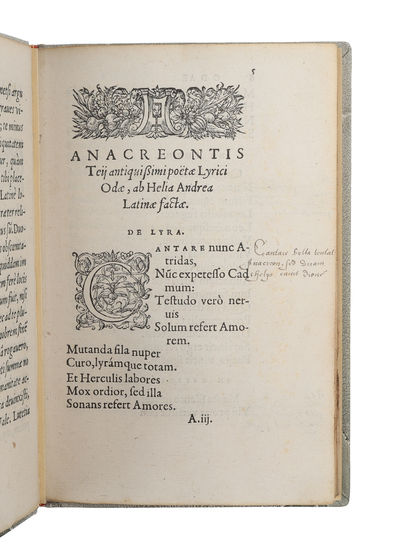 Anacreontis teii antiquitissimi poëtae Lyrici Odae, ab Helia Andre Latinae factae.  - [ANDRÉ'S SEMINAL LATIN TRANSLATION OF THE ANACREONTEA] (photo 4)