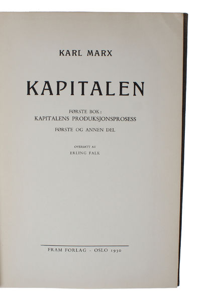 Kapitalen (i.e. Norwegian: "Das Kapital"). - [FIRST NORWEGIAN TRANSLATION OF MARX'S 'DAS KAPITAL'] (photo 2)