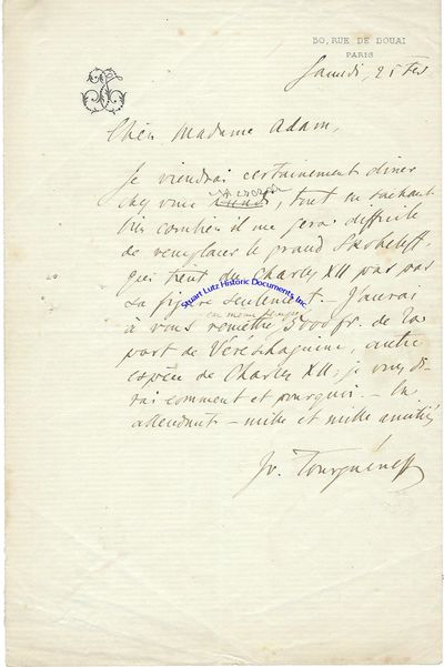 Ivan Turgenev Writes To Influential French Political Figure Juliette Adam, Mentioning Other Notable Russians