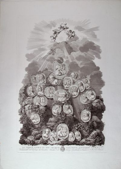 Set of three large engravings of emblematic portraits of 125 composers, performers, and music theorists by Luigi Scotti