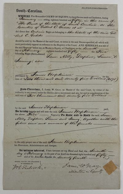 [Partially-Printed Document, Completed in Manuscript, Regarding the Sale of Five Named Slaves from an Antebellum South Carolina Estate]