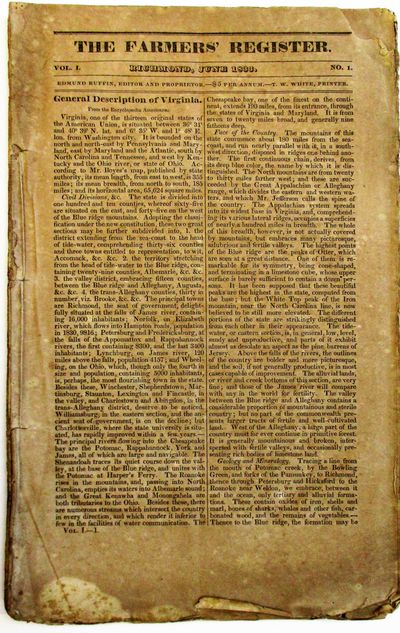 Richmond: Edmund Ruffin, Editor and Proprietor, 1833. 64pp. Stitched and untrimmed. Browned, else Ve...