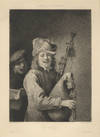 L'Ouie. The Bagpiper. Etching by Abel Lurat (1829-1890) after David Teniers (1610-1690)
