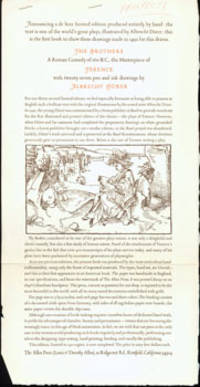 The Brothers, A Roman Comedy of 160 B.C., the Masterpiece of Terence, With Twenty-Seven Pen and Ink Drawings, by Albrecht Durer. (This is the prospectus for a book, not the book itself.)