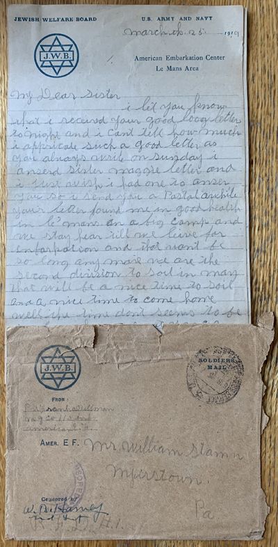 Autograph Letter Signed, American Embarkation Center Le Mans Area, March 25, 1919, to Mr. William Stamn, Myerstown, Pennsylvania, his brother-in-law