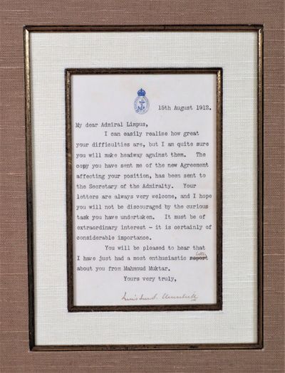 A handsomely framed 15 August 1912 typed, hand-emended, and signed letter from then-First Lord of the Admiralty Winston S. Churchill to his newly-appointed Naval Advisor to the Ottoman Empire, British Rear-Admiral Arthur Limpus