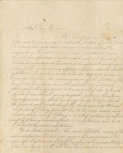 Lengthy Letter Between Two Cousins Discussing the Cold Yankee Character and the Differences Between New England and New Jersey, as Well as Current Events, 1838