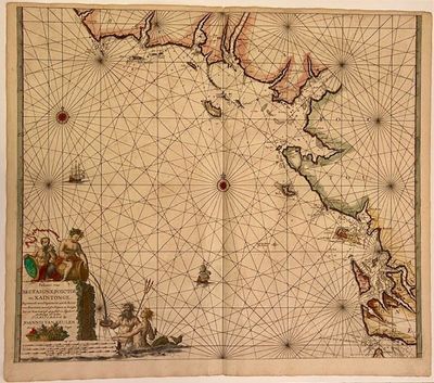 Amsterdam: Johannes Van Keulan, 1680. Sea Chart. Engraving with outline coloring. 19 1/2 x 23