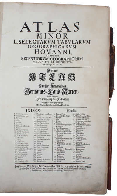 Atlas Minor L. Selectorum Tabularum Homanni. Kleiner Atlas von Fünffzig Auserlesenen Homanns=Land=Karten, Nach Anleitung der neuesten Erd=Beschreibere, verbessert und eingerichtet...(= Printed title) - (Engraved title:) Atlas Novus Terrarum Orbis Impe... - [AN EARLY COMPLETE HOMANN-ATLAS] (photo 5)
