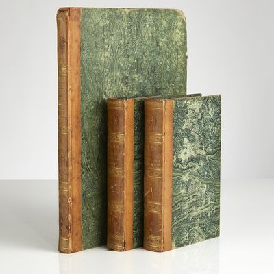 Voyage dans la Russie Méridionale, et particulièrement dans les provinces situées au-delà du Caucase, fait depuis 1820 jusqu`en 1824; Volume I-II in 8vo + Atlas in Folio (331 x 252 mm). Paris, C. J. Trouvé, 1826. Text volumes : (4) + IX + 444; (4) + 480 pp. 4 folding maps, one coloured in outline. 1 folding table. Text with occasional spotting. Atlas volume : 60 lithographic and engraved plates, of which 34 hand-coloured, one plate foxed and with tear. Uniformily bound in contemporary half calf. Gilt spines. Upper joints partly cracked. Bookplate (Gösta Nobel). Stamp with barionial crown and monogram G S on first fly-leafs. Complete, with the rare atlas volume. (photo 2)