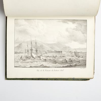 Voyage dans la Russie Méridionale, et particulièrement dans les provinces situées au-delà du Caucase, fait depuis 1820 jusqu`en 1824; Volume I-II in 8vo + Atlas in Folio (331 x 252 mm). Paris, C. J. Trouvé, 1826. Text volumes : (4) + IX + 444; (4) + 480 pp. 4 folding maps, one coloured in outline. 1 folding table. Text with occasional spotting. Atlas volume : 60 lithographic and engraved plates, of which 34 hand-coloured, one plate foxed and with tear. Uniformily bound in contemporary half calf. Gilt spines. Upper joints partly cracked. Bookplate (Gösta Nobel). Stamp with barionial crown and monogram G S on first fly-leafs. Complete, with the rare atlas volume. (photo 4)
