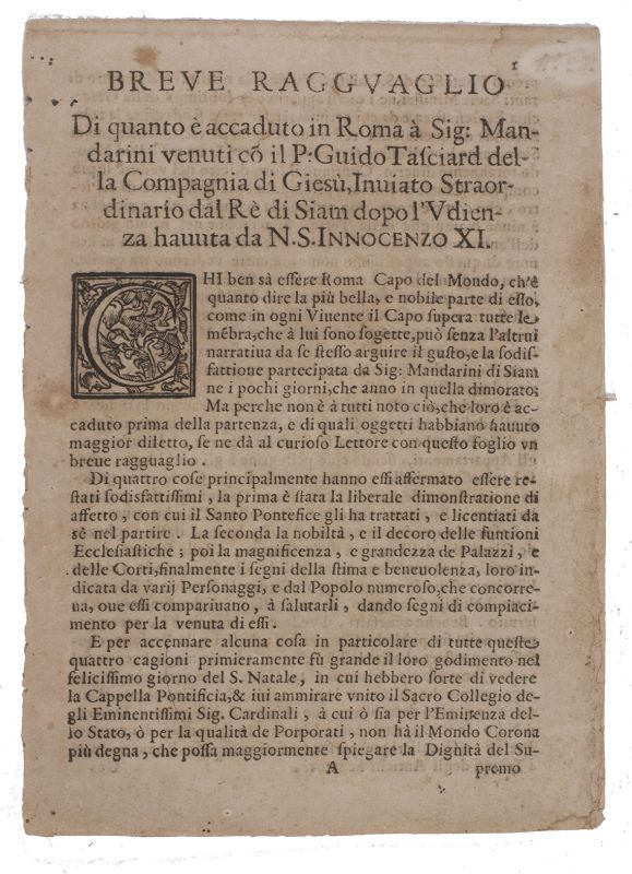 Drop Title Breve Ragguaglio Di Quanto E Accaduto In Roma A Sig Mandarini Venuti Co N Il P Guido Tasciard Della Compagnia Di Giesu Inviato Straordinario Dal Re Di Siam Dopo L Udienza Hauuta Da