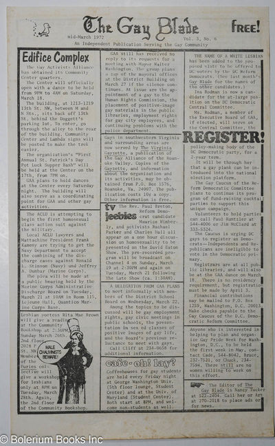 The Gay Blade: an independent publication serving the gay community [aka The Blade aka The Washington Blade] vol. 3, #6, mid-March, 1972