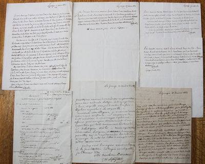 Group of Four Autograph Letters Signed by the Marquis de Lafayette, written from La Grange 1822 - 1824, plus two letters written by his son, Georges Washington Lafayette, 1823 and 1827