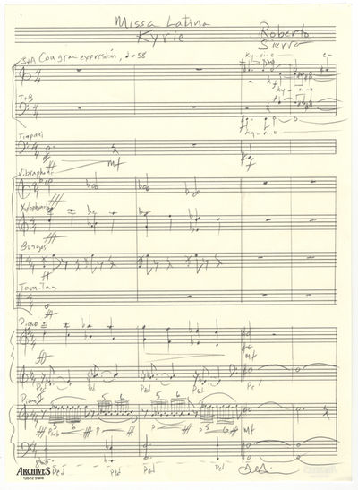 Missa Latina: Kyrie. Autograph musical manuscript score signed in full. Ca. 2006