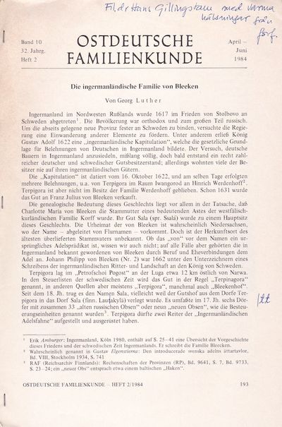 Die ingermanländische Familie von Bleeken.…