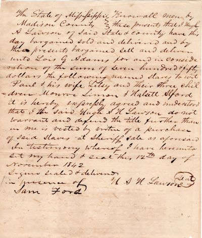 [Manuscript Legal Document Formalizing the Sale of a Family of Five Enslaved Persons to Lois G. Adams of Mississippi]
