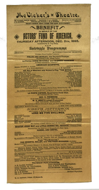 Benefit in Behalf of the Actors' Fund of America, Thursday Afternoon, Dec. 5th, 1895 ... Souvenir Programme ..