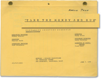 Take the Money and Run (Original tentative shooting schedule for the 1969 film, copy belonging to casting director Marvin Paige)