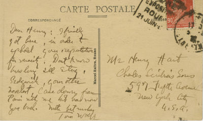 In an Unpublished Note, Thomas Wolfe Writes That He Has Arrived In Normandy