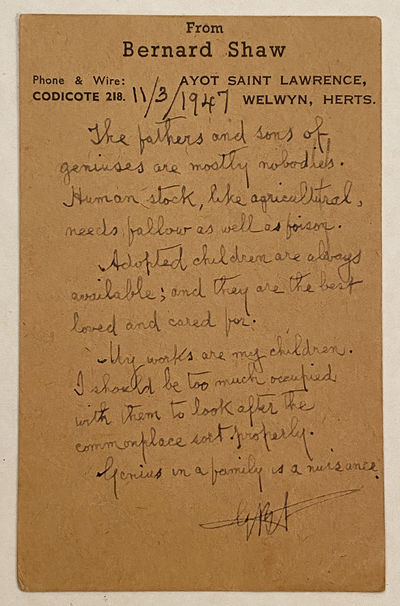 Autograph postcard "GENIUS IN A FAMILY IS A NUISANCE."